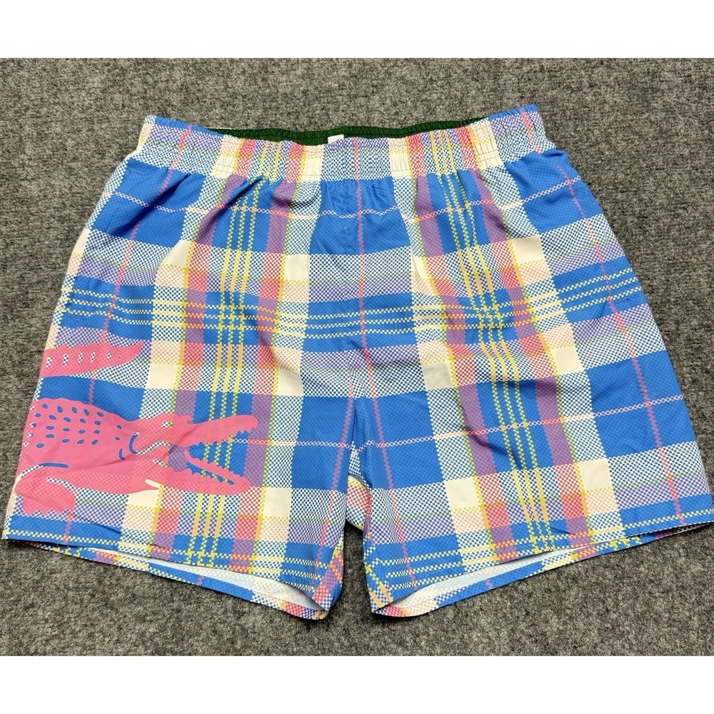Lacoste Swim Trunks Mens M Blue Pink White Yellow Plaid Big Croc Bathing Suit